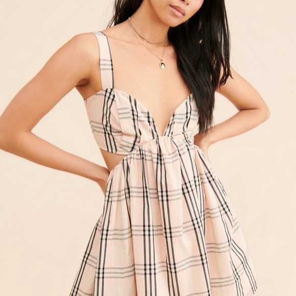Free People Cream and Brown Pleated Tie Front Mini Sundress - Picture 2 of 9